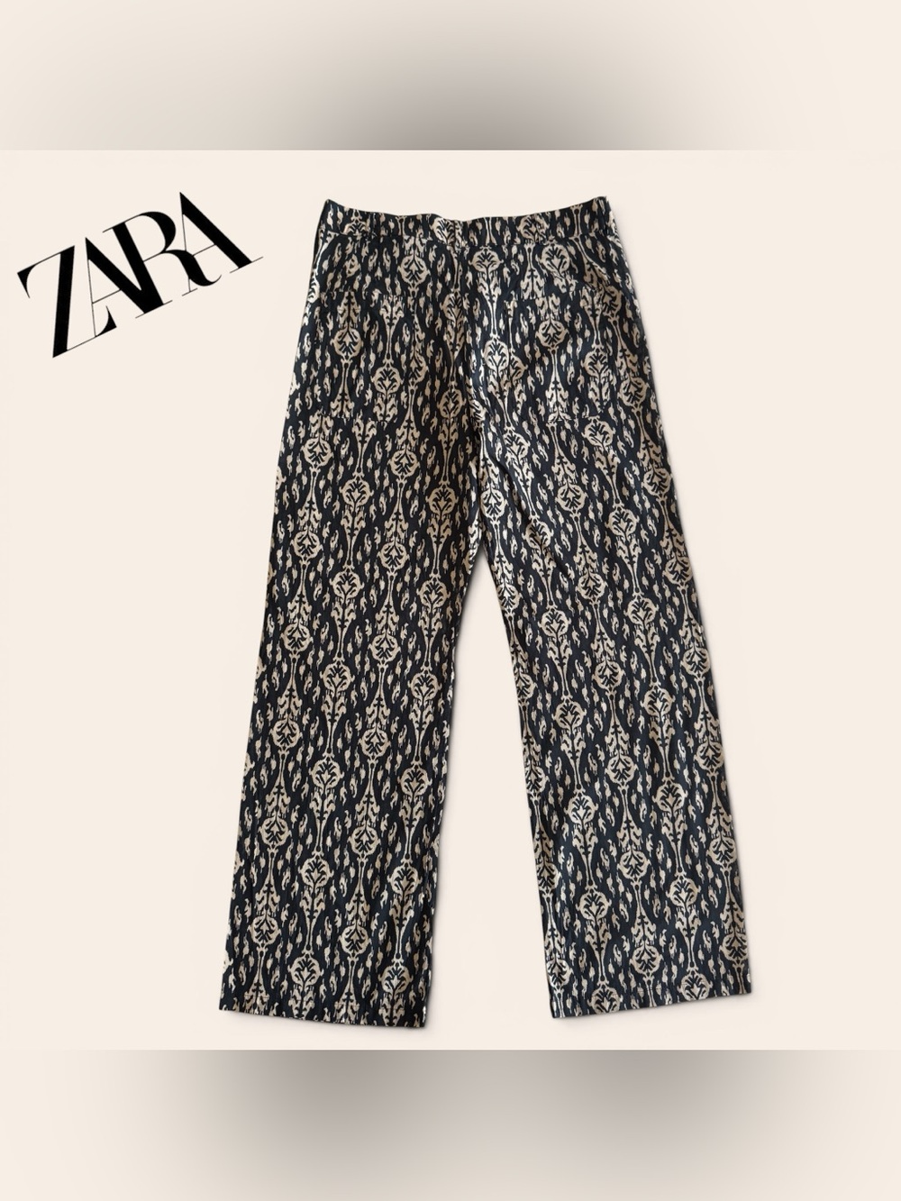 🛍️SALE🛍️ Zara Navy & Beige Ikat-Print Crop Top & Wide-Leg Pants SET (2 Pieces) - Picture 8 of 13